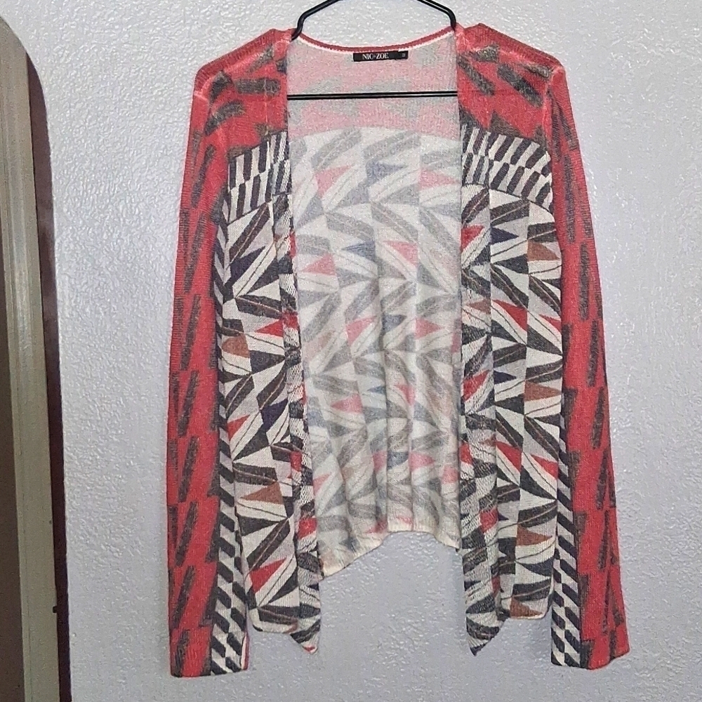 Nic + Zoe Linen Asymmetrical Open Cardigan Red Gray Lightweight M